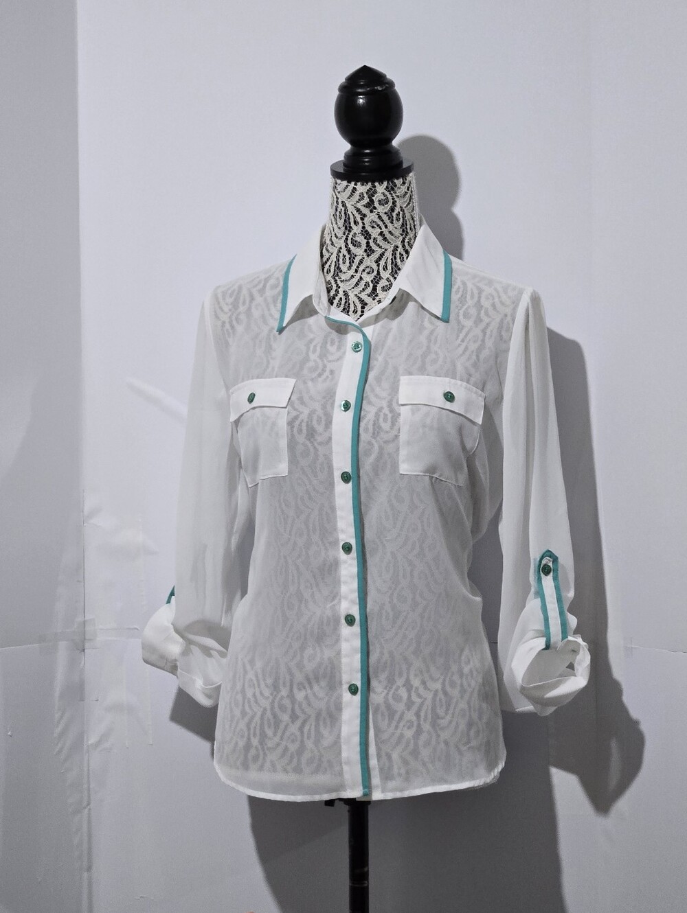mine White Sheer Button-Front Blouse with Teal Trim